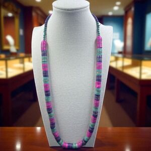 Vintage Multicolor Heishi Bead Necklace Coastal Boho Festival Mermaidcore 28in